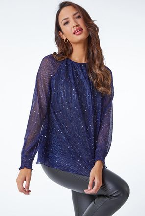 Roman Shimmer Embellished Plisse Top