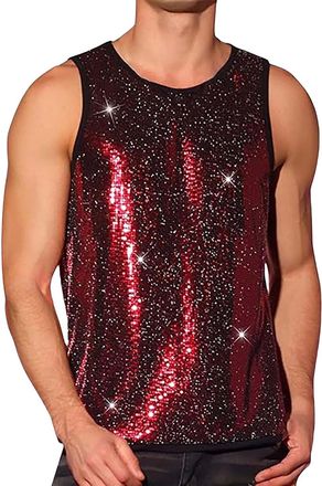 Generic Mens Shiny Sequin Vests | Glitter Sleeveless T-Shirt Crew Neck Sparkle Tank Tops Disco Gold Sequin Vests Rave Party Nightclub Sexy Metallic T-Shirt Sl