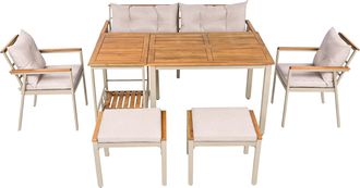 STILVORA Conjunto De Jard&iacute;n De 6 Plazas En Acacia Y Metal Con Mesa, Sof&aacute;, 2 Sillones, 2 Taburetes, Mesa Auxiliar Y Cojines, Beige