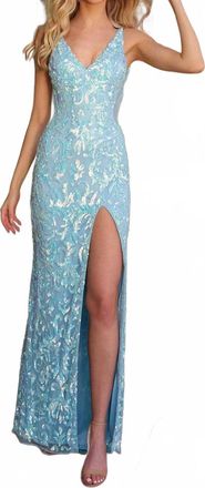 Primavera Embellished V-Shaped Open Back Prom Dress In Crystal Blue