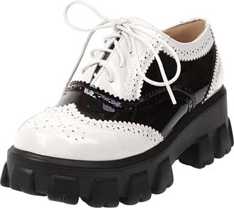 Agodor Womens Lace up Wingtip Oxford Shoes Chunky Heel Platform Vintage Round Toe Brogue Shoes, 1-white, 5.5 UK