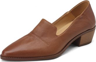 Generic Womens Low Chunky Heel Pointed Toe Loafers Faux Leather Slip On Pumps Lightweight Padded Insole Non Slip Durable Dress Shoes,Brown,6.5 UK