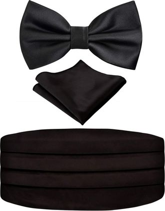 Alizeal Mens Solid Pre-tied Party Adjustable Bow Tie, Cummerbund and Pocket Square Gift Set, Black