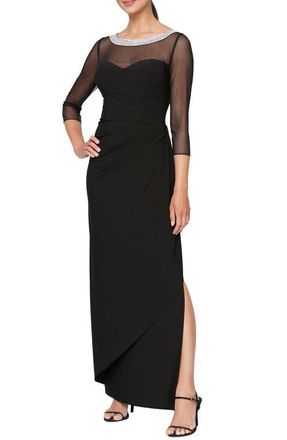 Alex Evenings Illusion Embellished Detail Jersey Gown in Black at Nordstrom, Size 16