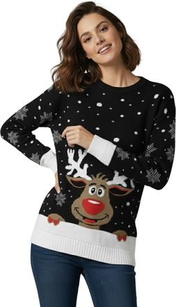 Janisramone Womens Christmas Jumpers, Novelty Xmas Jumper, Knitted Reindeer Merry Christmas Sweater, Long Sleeves Crew Neck Rudolph Christmas Jumper for Women Pul