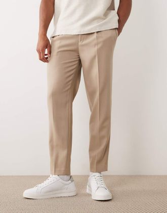 Asos Pantaloni affusolati premium sartoriali color pietra con regolatori laterali 100% lana premium-Neutro