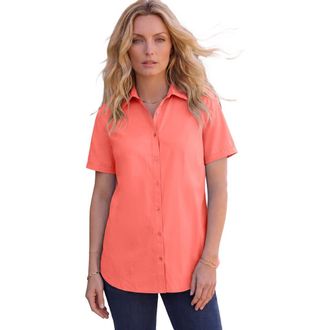 Roaman's Plus Size Kate Short Sleeve Easy Cotton-Blend Button-Front Shirt in Sunset Coral at Nordstrom, Size 14
