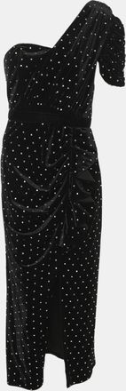 Self Portrait Black Velvet Crystal Embellished One Shoulder Midi Dress