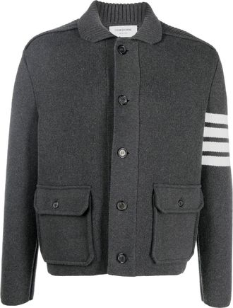 Thom Browne stripe-detail buttoned cardigan - men - Cotton/Polyamide/Cashmere - 2 - Grey