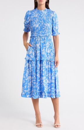 Sugarlips Odella Floral Analisa Smocked Midi Dress in Blue-White at Nordstrom, Size X-Small