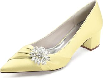 Generic Wedding Bridal Shoes Womens Chunky Heels Ankle Strap Low Heel Bridal Pointed Toe Pumps Prom Party Dress Shoes 4.5Cm,Yellow,10 UK