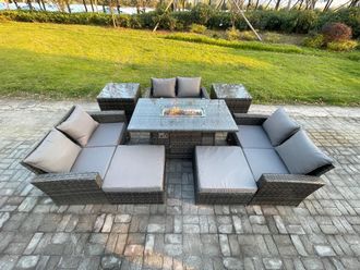 Fimous High Back Rattan Garden Furniture Sofa Sets with Outdoor Furniture Gas Firepit Dining Table Set 2 Side Tables in Dark Grey
