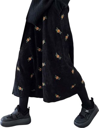 Generic Corduroy Floral Embroidery Long Skirts for Women A-Line Elastic Waist Cottagecore Floral Embroidery Fall Boho Maxi Skirts Vintage Elastic High Waist R