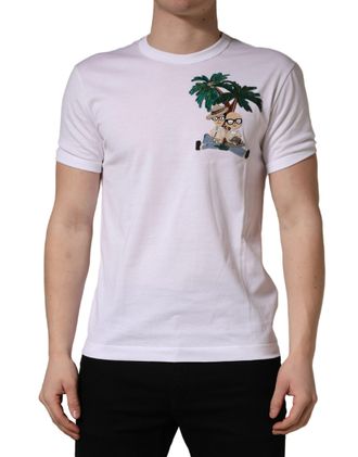 Dolce & Gabbana White Palm Embroidered Men Crew Neck Mens T-shirt