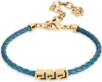 Versace Mens Greca Braided Leather Bracelet in Dark Teal-Versace Gold at Nordstrom