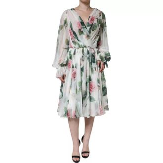 Dolce & Gabbana White Silk Floral Print A-line Midi Womens Dress