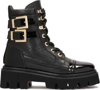 Kazar Leren laarzen met gelakte elementen - Dames - Veterlaarzen - Zwart - 40 EU - Leer - Schoenen