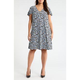 Anne Klein Floral Double Flutter Sleeve Dress in Blue Yonder Multi at Nordstrom, Size 2 X