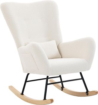 OEM Mecedora De Terciopelo De Teddy Con Respaldo Acolchado Almohada Y Base De Madera De Caucho Carga 120 Kg Crema