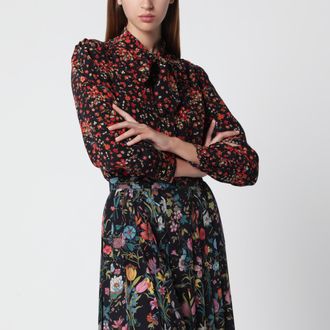 Gucci Camicia in seta stampata con fiocco nera/rossa