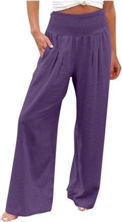 Generic Womens Wide Leg Trousers Summer Casual Linen Trousers Smocked Elastic Waist Palazzo Long Pants Women Straight Lounge Baech Pants High Waisted Solid Co