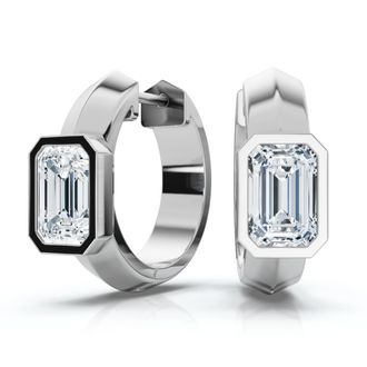Pompeii3 1 1/3Ct Emerald Cut Brava Bezel Diamond Hoops 5/8 Huggies 14k Gold Lab Grown