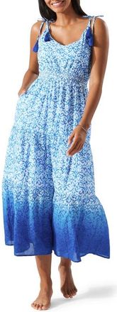 Tommy Bahama Scrolls Print Tie Shoulder Cotton Dress in Beaming Blue at Nordstrom, Size Large