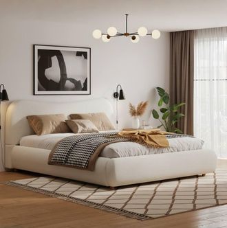 Merax 4ft6 Double Boucle Ottoman Storage Bed Frame with Curved Headboard in White