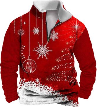 Generic Christmas Jumpers for Men 1/4 Zip Xmas Tree Pullover Sweatshirt Long Sleeve Stand Collar Funny Xmas Jumper Reindeer Snowflakes Printed Plus Size Ugly 