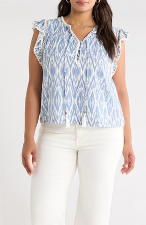 Treasure & Bond Crochet Trim Linen Blend Top in Blue/ivory at Nordstrom, Size 1X