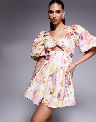 Asos Vestito stile skater con stampa a fiori, maniche a sbuffo e dettaglio annodato sulla parte anteriore-Multicolore