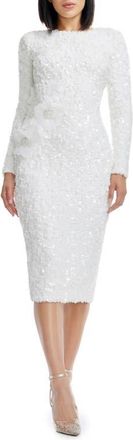 Dress The Population Emmalyn Floral Appliqu&eacute; & Sequin Long Sleeve Body-Con Cocktail Dress in White at Nordstrom, Size Xx-Small