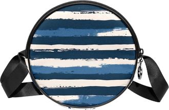 Generic Circle Crossbody Bag for Women, Blue Stripes Small Sling Bag Daypack with Zipper Adjustable Shoulder Straps Casual Ladies Girls Round Purse