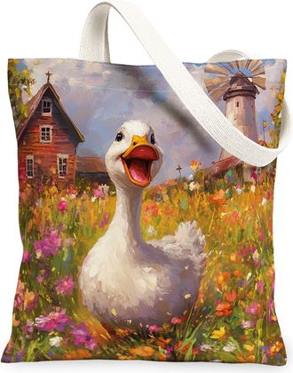 Generic Spring Duck Poultry Canvas Tote Bag for Shopping 13x15, Country Garden Animal Reusable Grocery Print Pattern Bag for Women, Fun Flower Farm Beach Aest