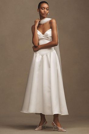 Watters Rickey Strapless Basque-Waist A-Line Midi Dress with Scarf