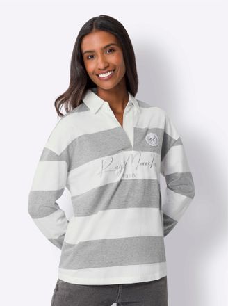 Heine Poloshirt HEINE Poloshirt, Damen, Gr. 34, grau (grau, ecru, bedruckt), 94% Baumwolle, 6% Polyester, gemustert, mehrfarbig, V-Ausschnitt, Shirts Polosh