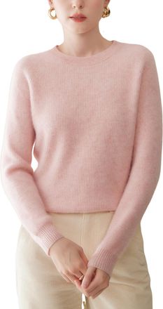 Dissa Women Cashmere Jumper Pink Crewneck Knitted Jumper Long Sleeve Relaxed Cashmere&Wool Thin Plain Ladies Sweater,UK 16,MA9009