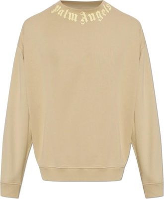 Palm Angels Neck Logo Sweatshirt - Heren - Sweatshirts - Beige - S - Katoen - Hoodies & sweatvesten