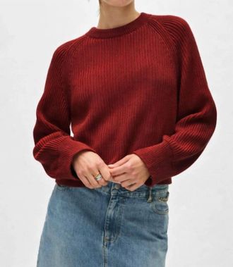 White + Warren Plaited Crewneck Sweater In Mulberry/cherry