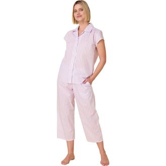 The Cats Pajamas Luxe Pima Capri Floral Set in Classic Stripe Lavender at Nordstrom, Size X-Large