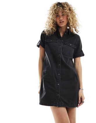 Noisy May rolled sleeve denim mini dress in washed black