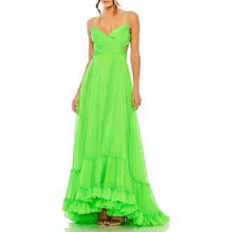 Mac Duggal Cut Out Chiffon Tiered Strappy Open Back Gown in Lime at Nordstrom, Size 2