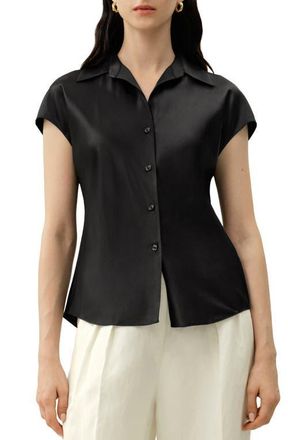 LilySilk Bias Cut Cap-Sleeve Silk Shirt in Black at Nordstrom, Size X-Large