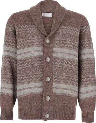 Brunello Cucinelli Gestreepte V-hals Cardigan - Heren - Vesten - Bruin - L - Wol - Truien & Vesten