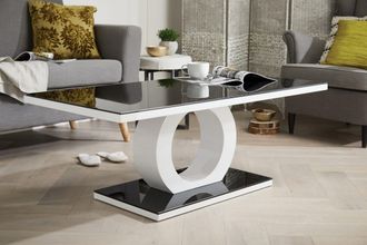 Furniturebox Giovani Rectangular White High Gloss Coffee Table with Glass Top & Unique Halo Structural Plinth Base Design in Black