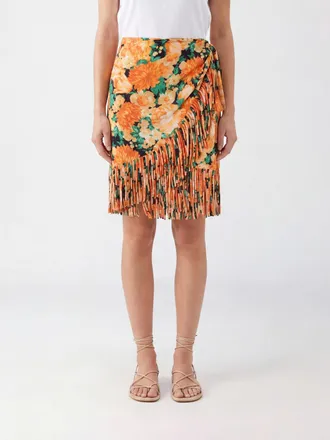 Pinko Floral Embroidered Viscose Wrap Mini Skirt with Fringes
