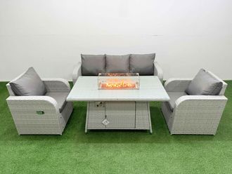 Fimous PE Rattan Garden Furniture Set Reclining Chair Sofa Lounge Sofa Set Firepit Dining Table Light Grey