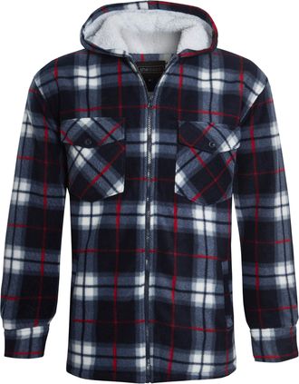 Generic MMK Unisex Mens Womens Fleece Check Shirt Lumberjacket Adults Winter Wear Sherpa Fur Lined Hooded & Collar Style Zipper Jacket Tops (Navy/Red Hooded, 
