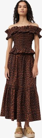 Ganni Beige Exclusive Printed Cotton Off-Shoulder Smock Top - Size 32