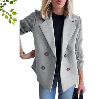 Generic Womens Lapel Button Knitted Patchwork Sleeve Casual Coat, 2025 Fashion Cropped Double Breasted Blazer Sweater for Women (E,M)